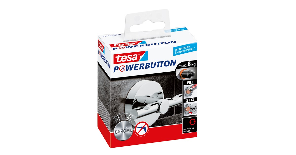 tesa 59340-00000 - Powerbutton Haken Deluxe Rund Glänzend, Chrom