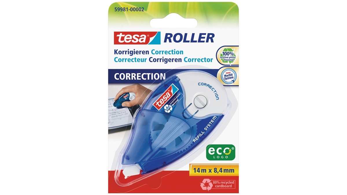 tesa 59981-00002 - Roller Korrigieren ecoLogo, Nachfüllroller, blau  transparent/weiß