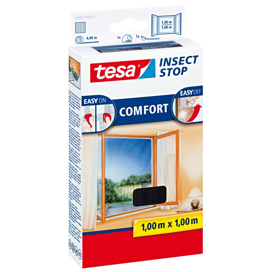 tesa 55667-00021 - Fliegengitter Insect Stop Klett COMFORT für Fenster,  1,00m x 1,00m, anthrazit