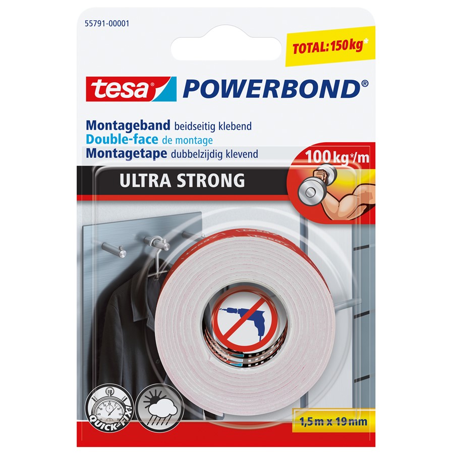 Tesa Powerbond Montageband Transparent – Doppelseitiges Klebeband, 1,5 M X 19 Mm, Unsichtbare Montage, Bis 2 Kg Pro 10 Cm