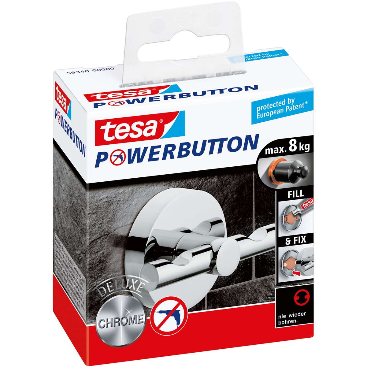 tesa 59340-00000 - Powerbutton Haken Deluxe Rund Glänzend, Chrom