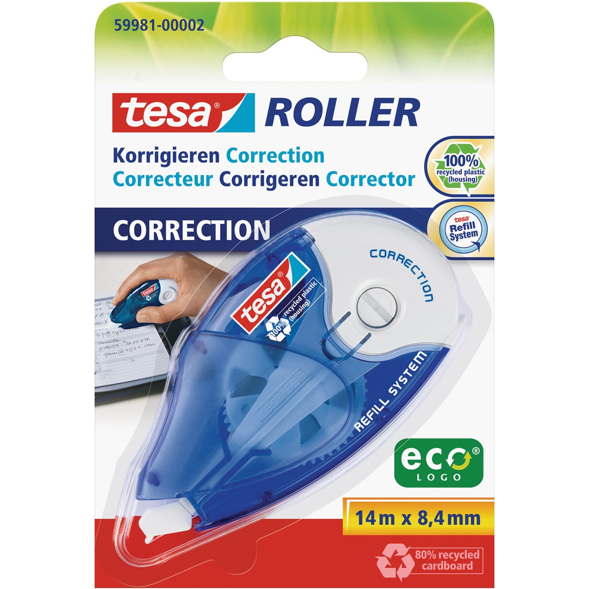 tesa 59981-00002 - Roller Korrigieren ecoLogo, Nachfüllroller, blau  transparent/weiß