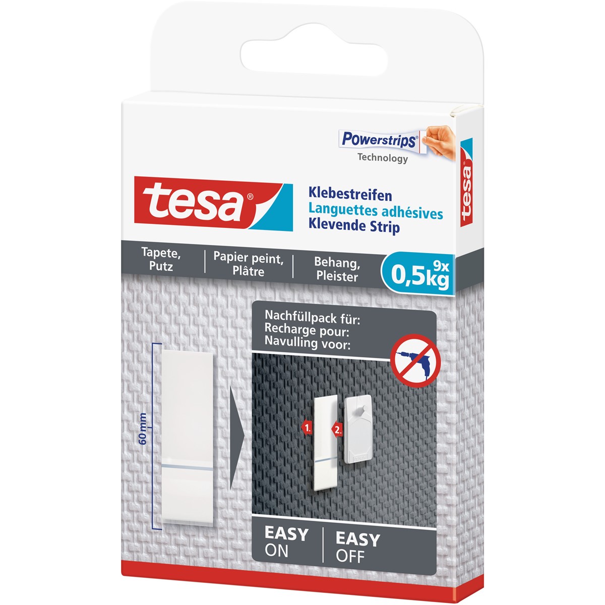 tesa 77770-00000 - Powerstrips - 9 Klebestreifen für Tapeten und Putz, max.  0,5kg