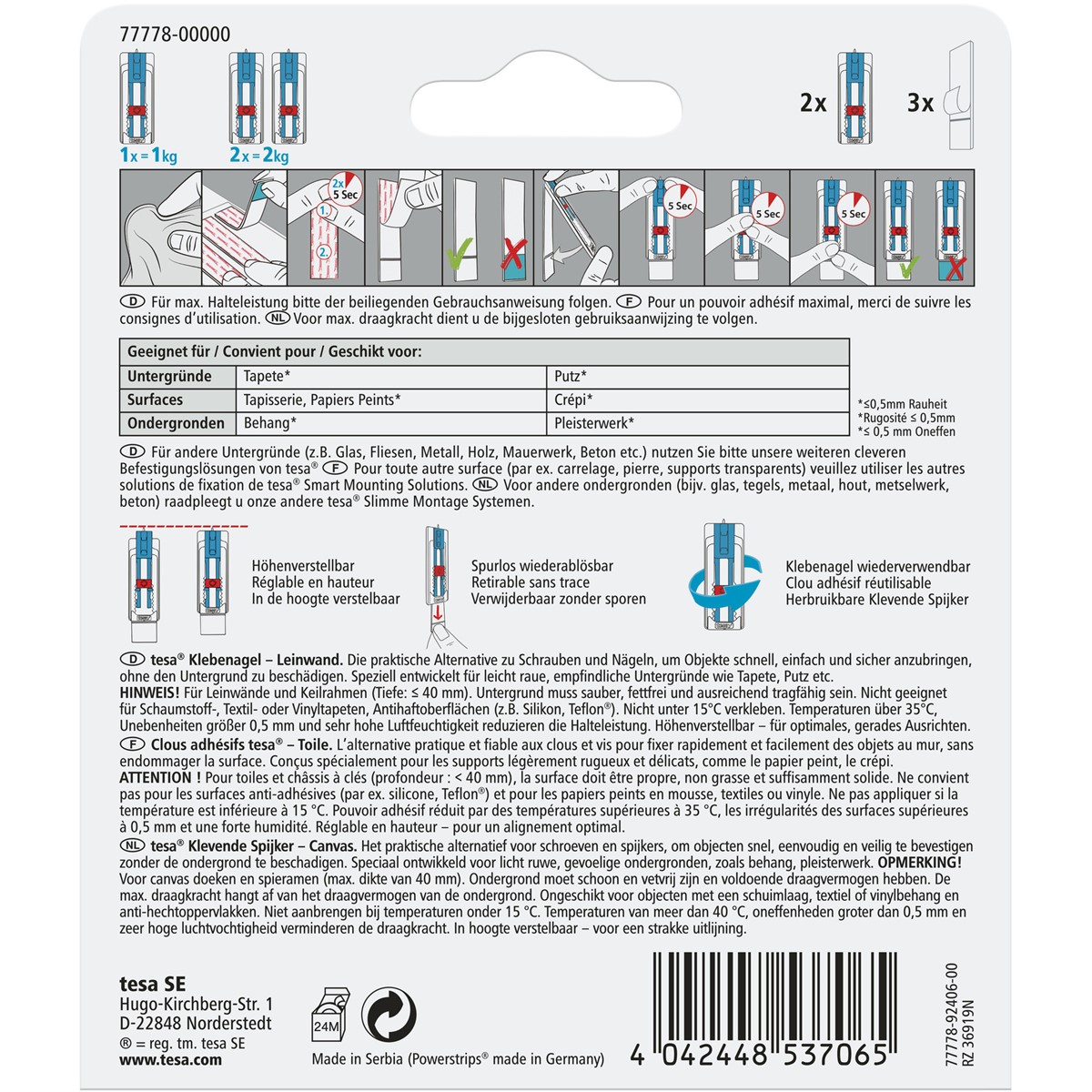 tesa 77778-00000 - Klebenagel für Leinwände 1kg, verstellbar, Tapeten ...
