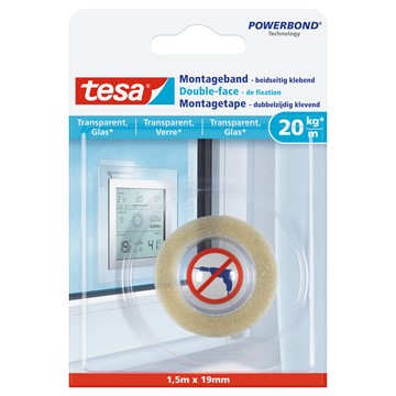 tesa 77740-00000 - Powerbond Montageband für transparente Oberflächen und Glas, 1,5m x 19mm