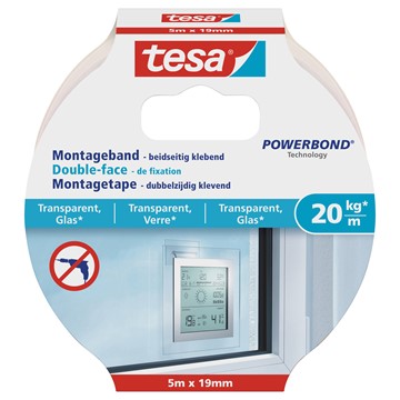 tesa 77741-00000 - Powerbond Montageband für transparente Oberflächen und Glas, 5m x 19mm