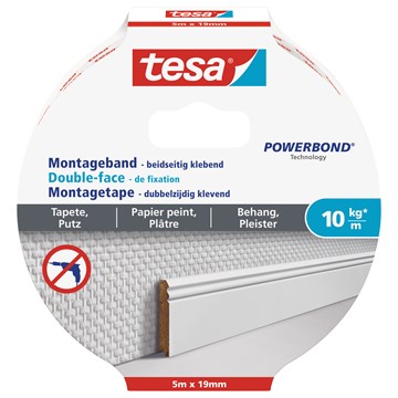 tesa 77743-00000 - Powerbond Montageband für Tapeten und Putz, 5m x 19mm